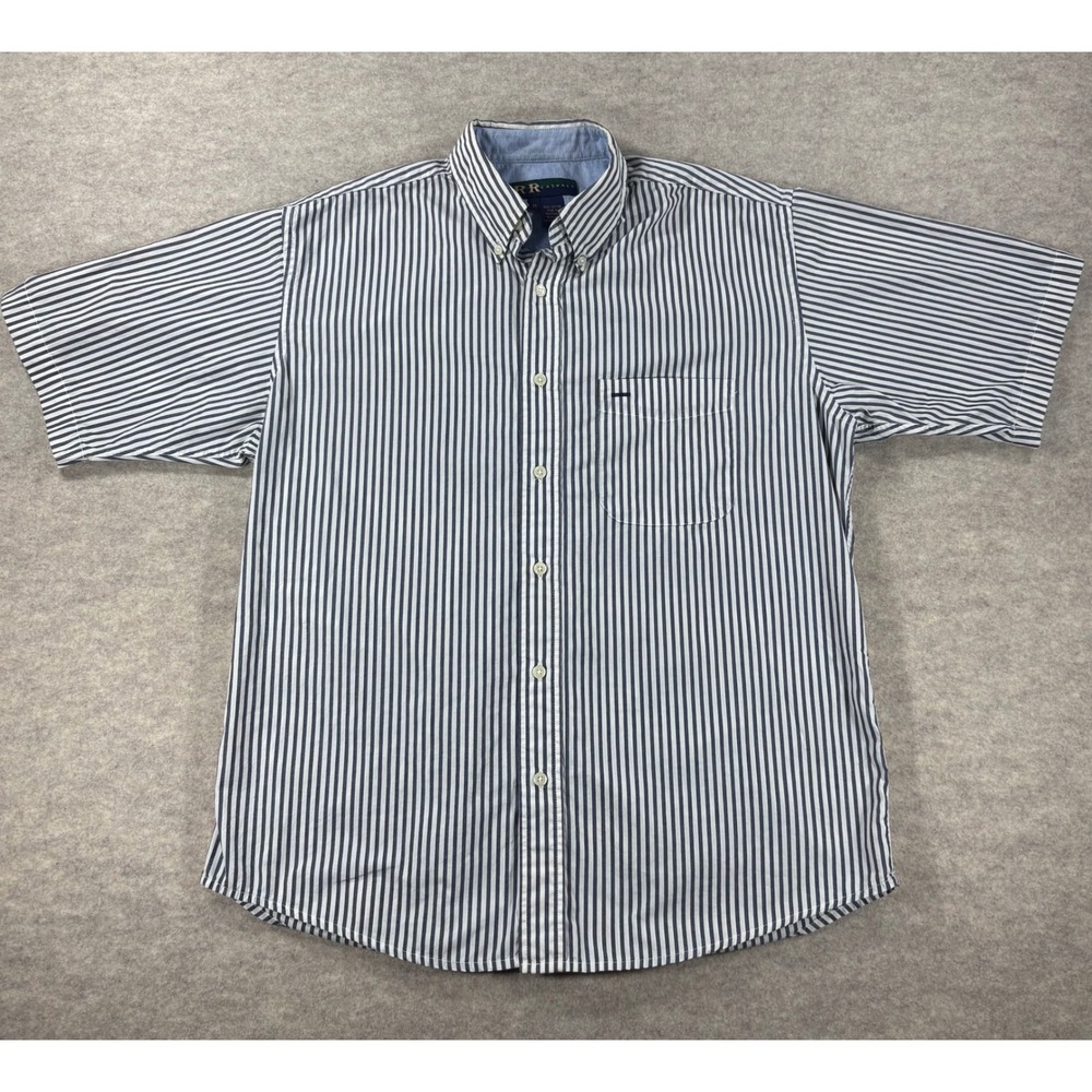R&R Casuals Mens Medium Blue White Striped Short Sleeve Button Down Shirt Cotton